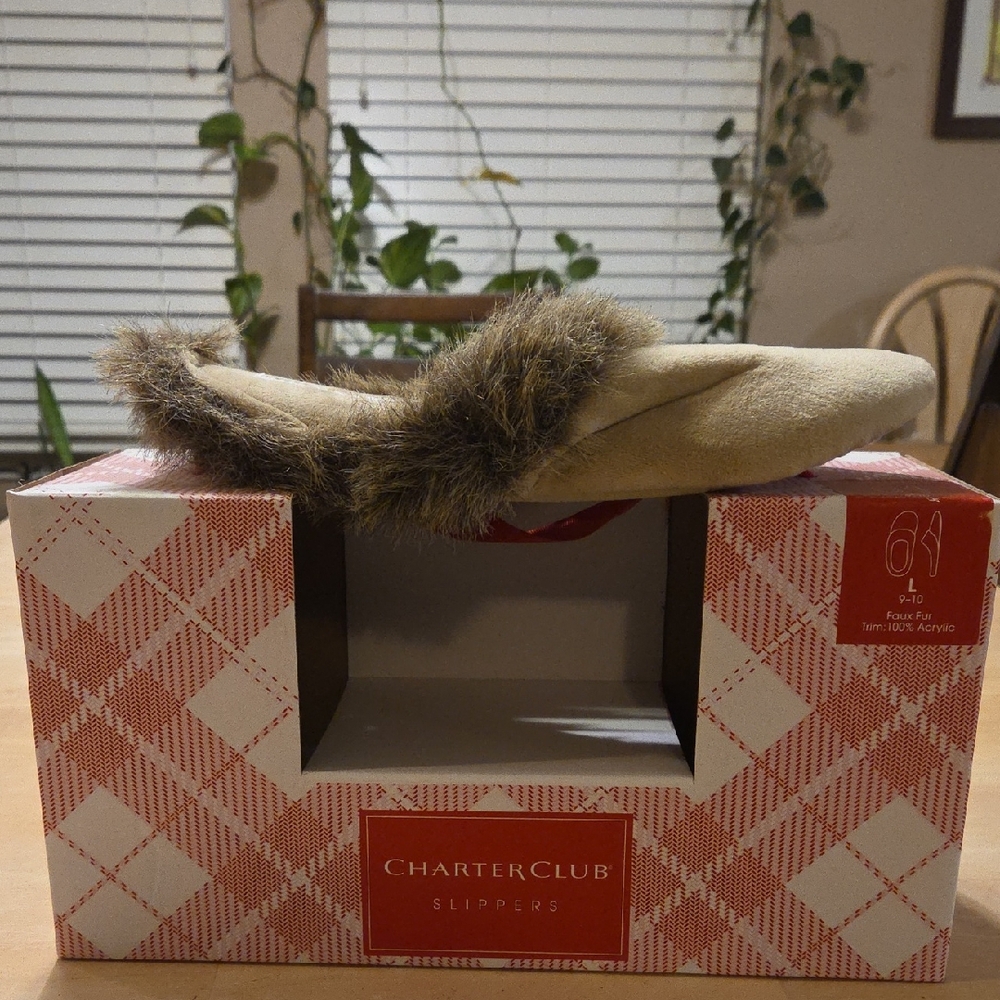 Charter Club Beige Slippers with Faux Fur Accent